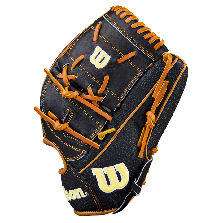 The Wilson A2000 B125SS 12.5" Baseball Glove (WBW104119125) features black and brown leather, tan laces, and yellow “W” logos, offering pitchers premium quality and style. Shown against a plain white background.