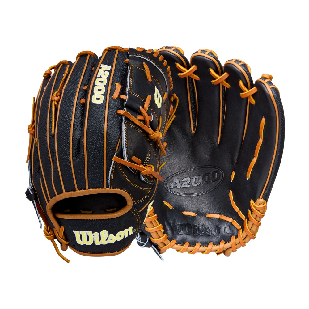 The Wilson A2000 B125SS 12.5" Baseball Glove (WBW104119125) by Wilson is shown front and back, showcasing its black SuperSkin material, orange laces, detailed stitching, and signature branding.