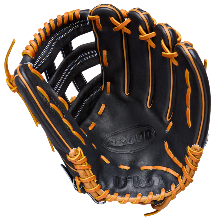 A black Wilson A2000 1750 12.5" Baseball Glove (WBW104121125) with tan lacing, featuring stitched branding and crafted from Pro Stock leather, is open to display its pocket against a plain white background.