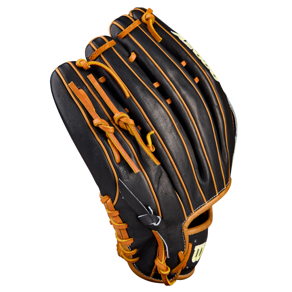 The Wilson A2000 1750 12.5" Baseball Glove (WBW104121125) is shown open against a white background, highlighting its black and brown Pro Stock leather, tan laces, and outfield webbing.