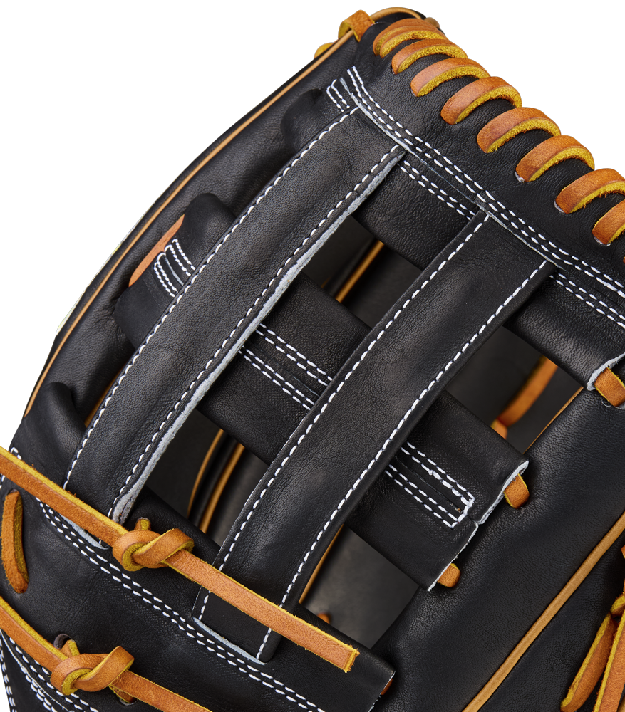 A close-up of the Wilson A2000 1750 12.5" Baseball Glove (WBW104121125) shows black Pro Stock leather, white stitching, tan laces, and woven webbing, reflecting Wilson’s detailed craftsmanship.