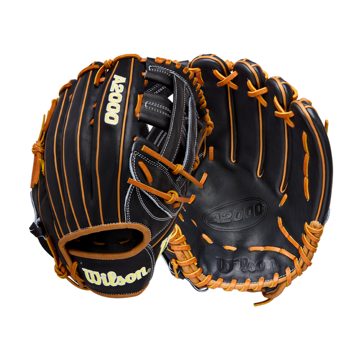 Two black Wilson A2000 1750 12.5" baseball gloves (WBW104121125) by Wilson with orange laces, shown from different angles—one displays the palm, the other the backhand with the logo—both crafted from durable Pro Stock leather.