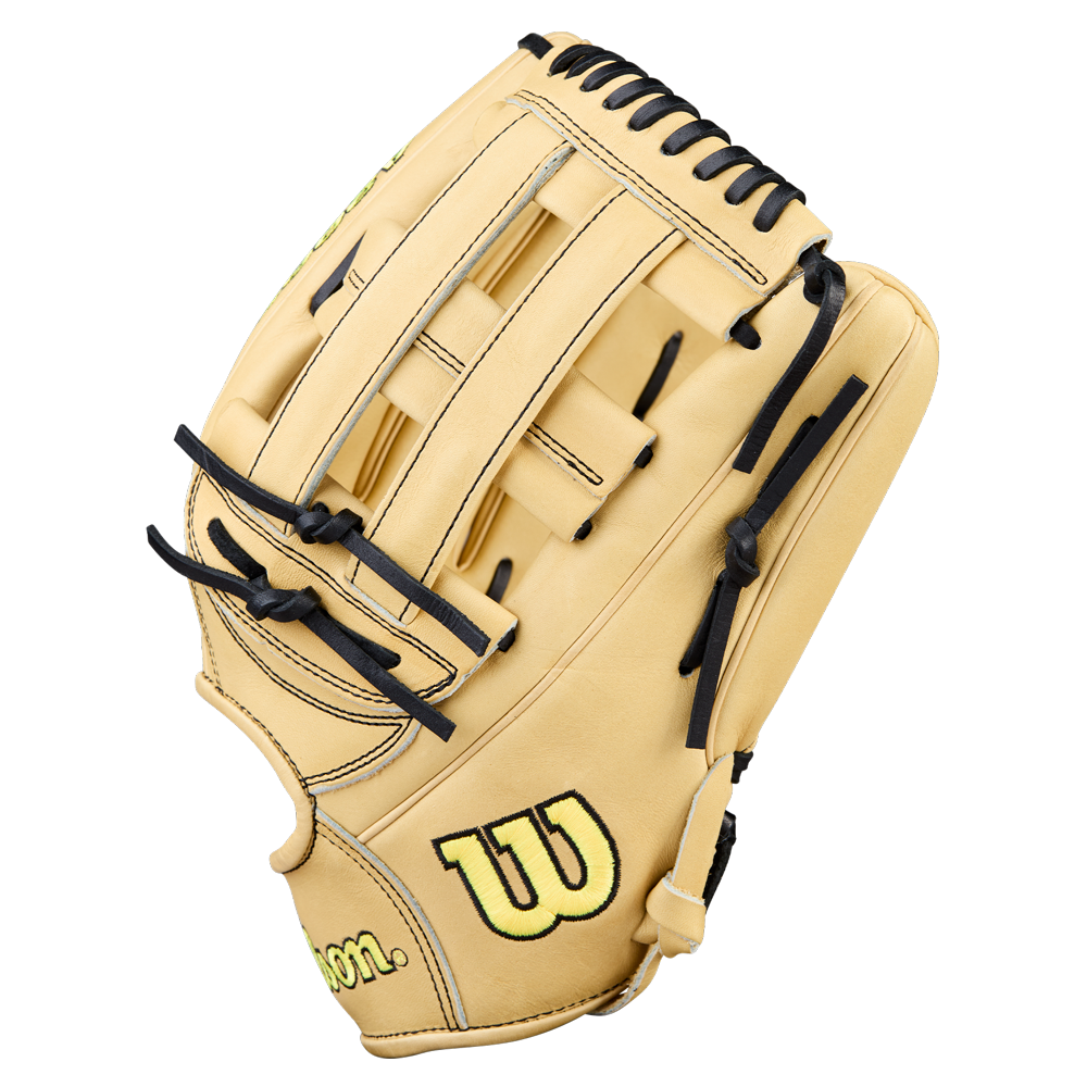 The Wilson A2000 1777 12.75" Baseball Glove (WBW1041231275) by Wilson features a tan Pro Stock Leather build, black laces, and a yellow-and-black W logo on the thumb, shown against a plain white background.