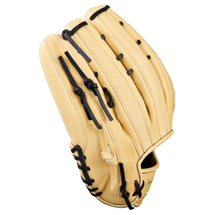 The Wilson A2000 1777 12.75" Baseball Glove (WBW1041231275) by Wilson features a tan finish with black laces, visible stitching, and Pro Stock Leather, shown new and clean against a plain white background.