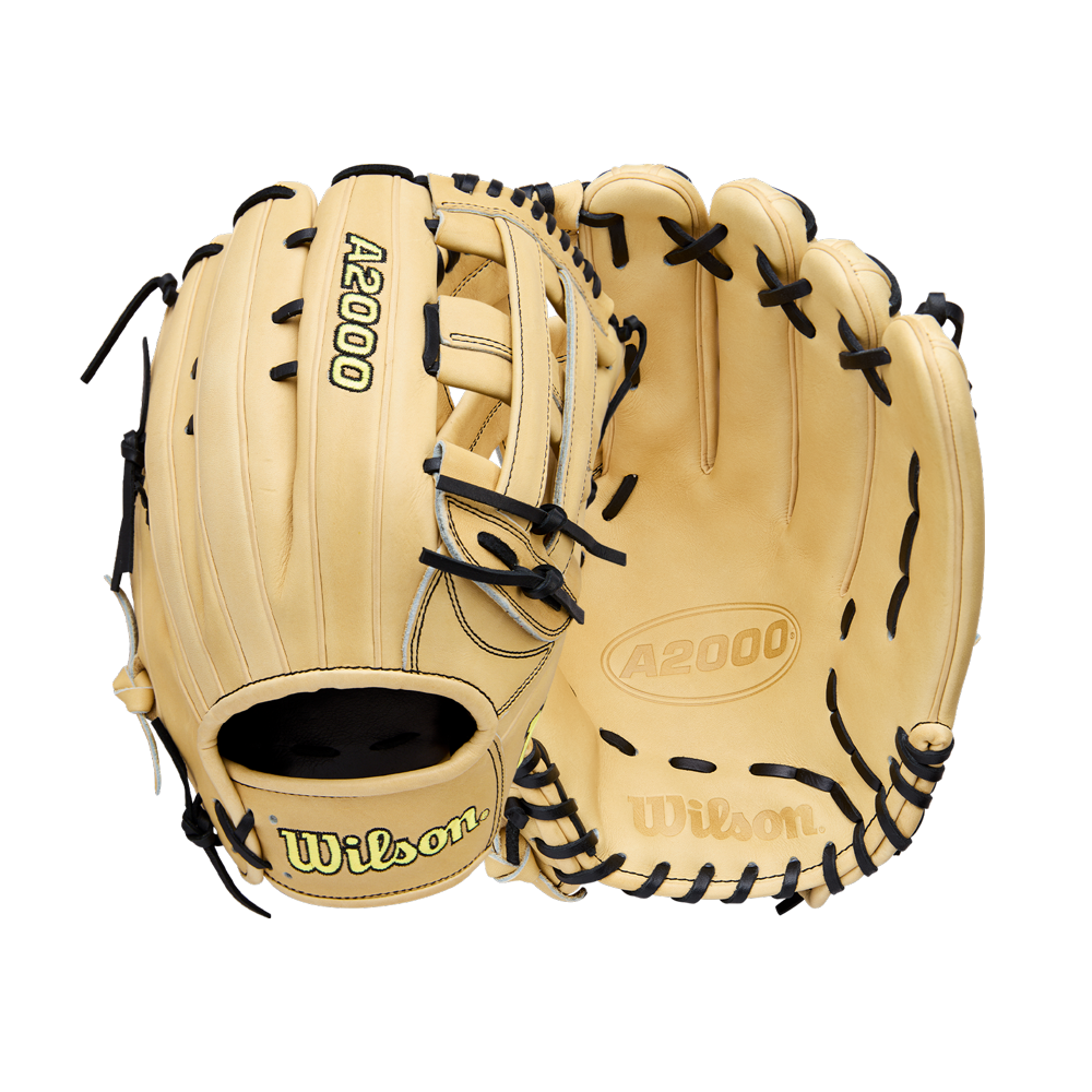 Two tan Wilson A2000 1777 12.75" baseball gloves (WBW1041231275) with black laces are displayed, one showing the palm and the other the back, both made of Pro Stock Leather and featuring the Wilson logo.