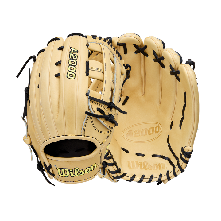 Two tan Wilson A2000 1777 12.75" baseball gloves (WBW1041231275) with black laces are displayed, one showing the palm and the other the back, both made of Pro Stock Leather and featuring the Wilson logo.