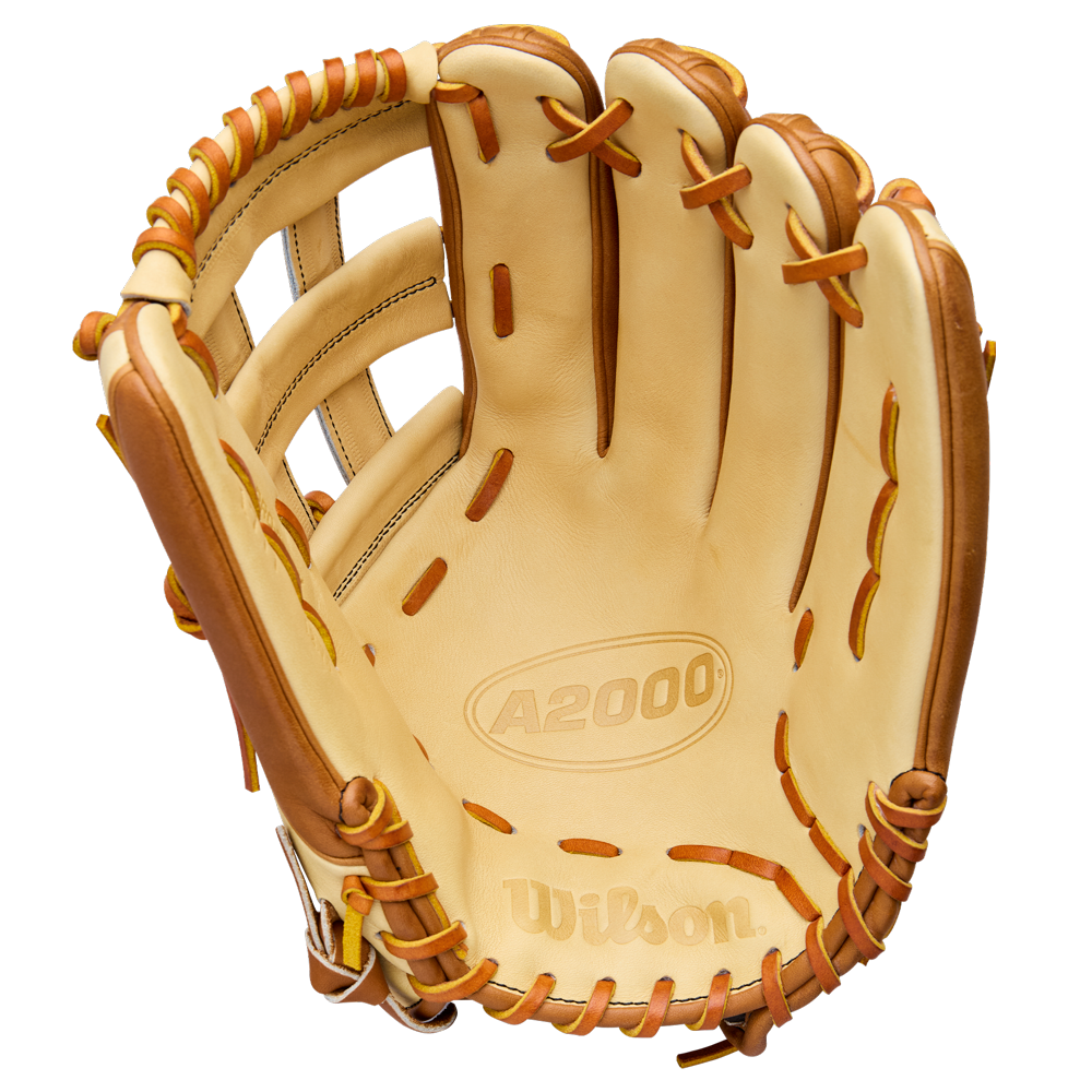 A Wilson A2000 1777 12.75" Baseball Glove (WBW1041251275) in tan and light brown Pro Stock Leather, featuring visible laces and stitching, is shown open with the palm and pocket facing forward.