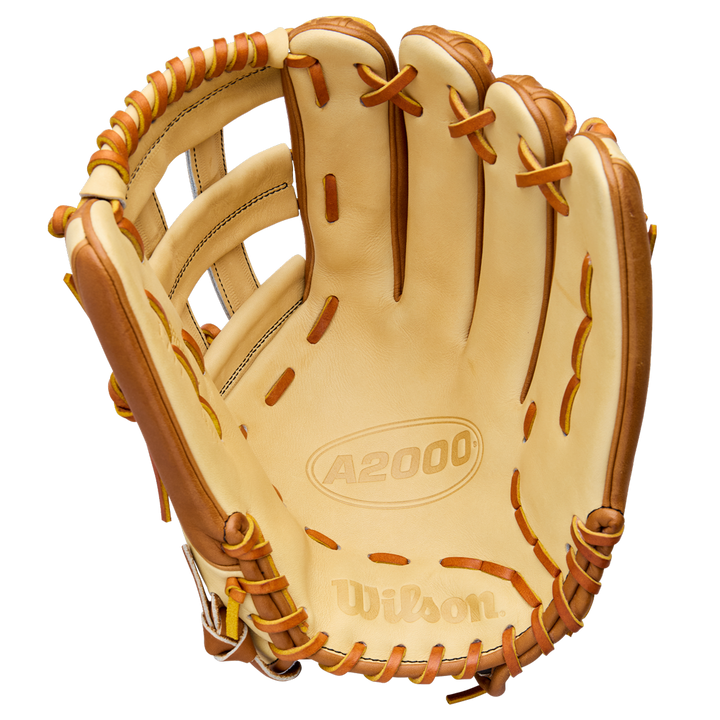 A Wilson A2000 1777 12.75" Baseball Glove (WBW1041251275) in tan and light brown Pro Stock Leather, featuring visible laces and stitching, is shown open with the palm and pocket facing forward.