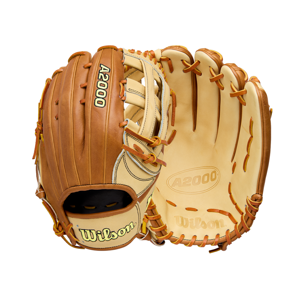 Two tan and brown Wilson A2000 1777 12.75" baseball gloves (WBW1041251275) are shown on a white background—one displays the Wilson and A2000 logos, while the other highlights the palm, lacing, and overall glove design.