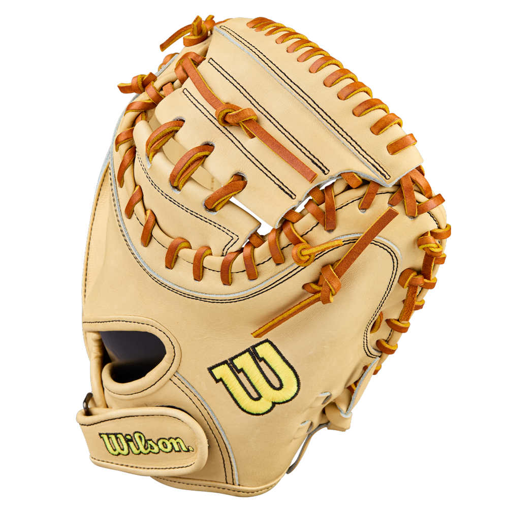 The Wilson A2000 PF33 33" Baseball Catcher's Mitt (WBW10412733) features a tan Pro Stock Leather build with brown laces and yellow-and-black Wilson logos on the thumb and wrist, shown against a plain white background.