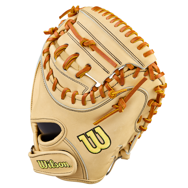 The Wilson A2000 PF33 33" Baseball Catcher's Mitt (WBW10412733) features a tan Pro Stock Leather build with brown laces and yellow-and-black Wilson logos on the thumb and wrist, shown against a plain white background.