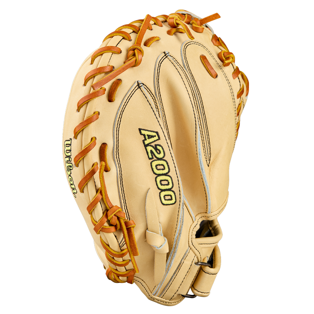 The Wilson A2000 PF33 33" Baseball Catcher's Mitt (WBW10412733) by Wilson features Pro Stock® Leather, brown laces, black and green embroidered logo, and visible stitching, shown against a plain white background.