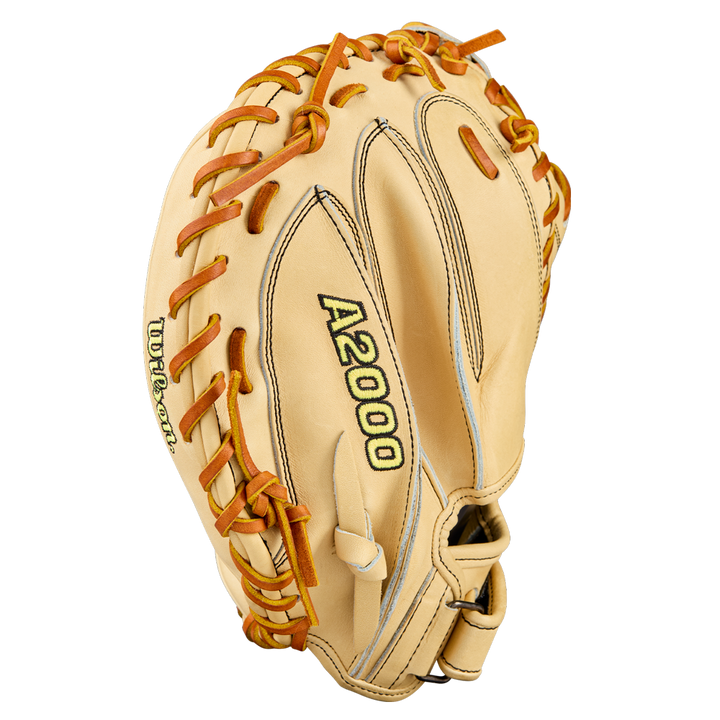 The Wilson A2000 PF33 33" Baseball Catcher's Mitt (WBW10412733) by Wilson features Pro Stock® Leather, brown laces, black and green embroidered logo, and visible stitching, shown against a plain white background.