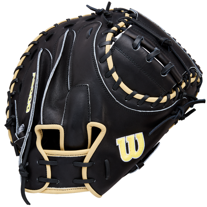 The Wilson A2000 1734 34" Baseball Catcher's Mitt (WBW10412834) features black Pro Stock Leather, tan laces, and a yellow W logo on the side, shown on a white background.