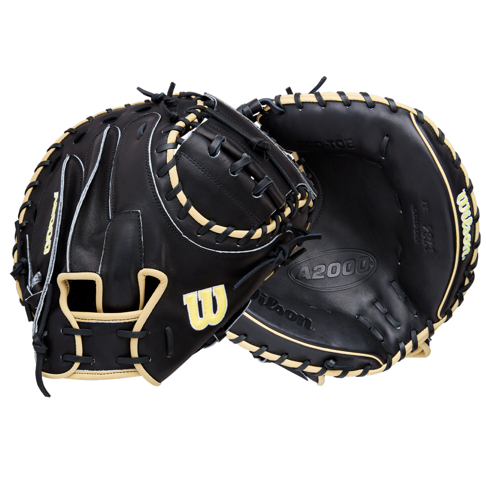 Two Wilson A2000 1734 34" Baseball Catcher's Mitts (WBW10412834) by Wilson are shown side by side, one showing the palm and the other the back, with prominent stitching, Pro Stock Leather, and distinctive branding.