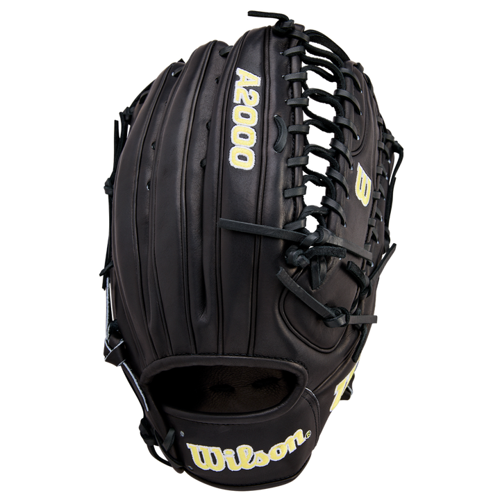 The Wilson A2000 OT7 12.75" Baseball Glove (WBW1041811275) by Wilson is black with tan stitching and logos, made from Pro Stock Leather, and displayed open on a plain white background to show its webbing, laces, and embroidered brand name.