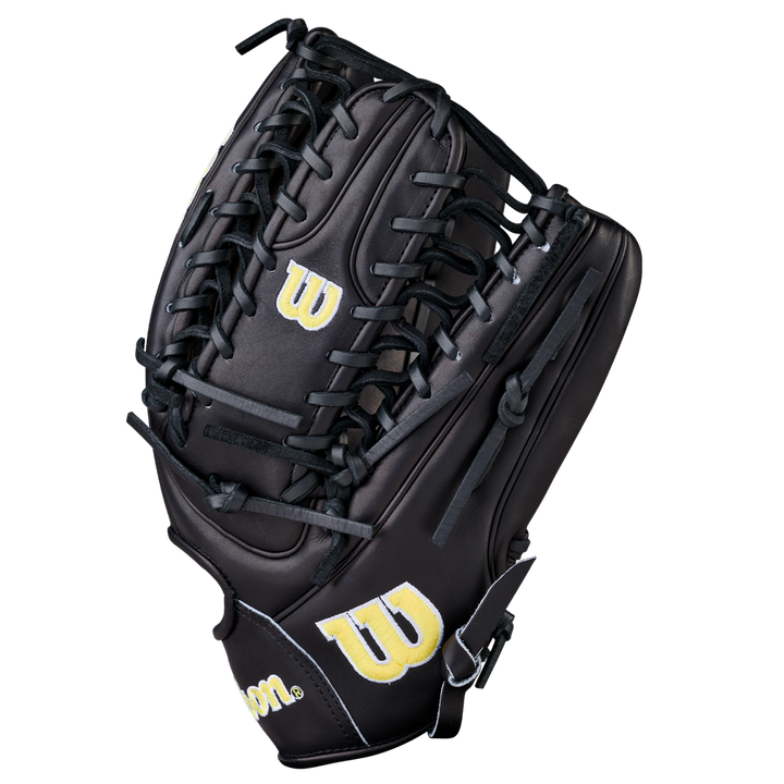 A Wilson A2000 OT7 12.75" Baseball Glove (WBW1041811275) in black Pro Stock Leather, featuring yellow W logos and black laces, is shown against a plain white background.