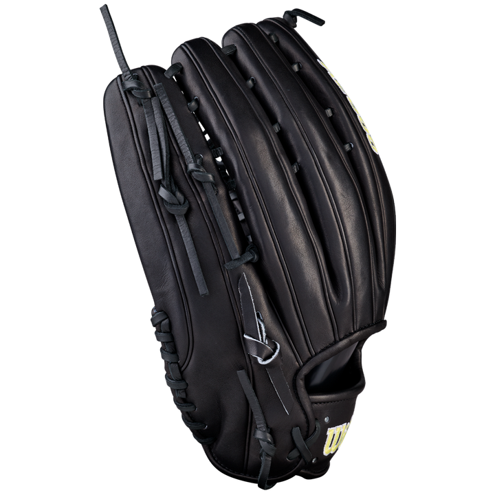 The Wilson A2000 OT7 12.75" Baseball Glove (WBW1041811275) by Wilson is a black Pro Stock leather outfield glove with white stitching and laces, displayed upright against a plain white background.