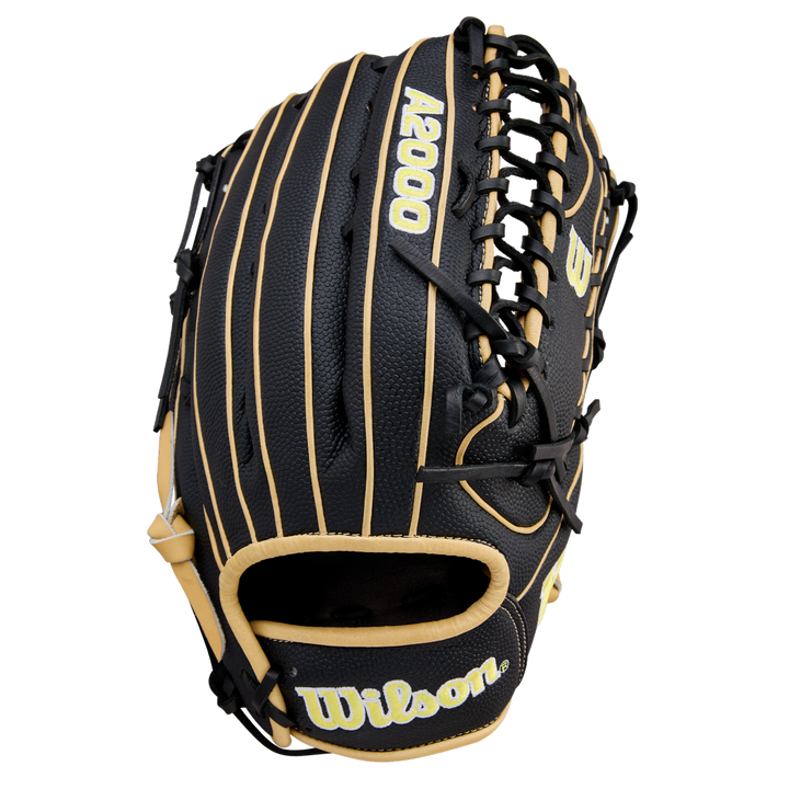 A black and tan Wilson A2000 OT7SS 12.75" Baseball Glove (WBW1041831275) featuring visible stitching and the Wilson brand name on the wrist is shown standing upright against a plain white background.