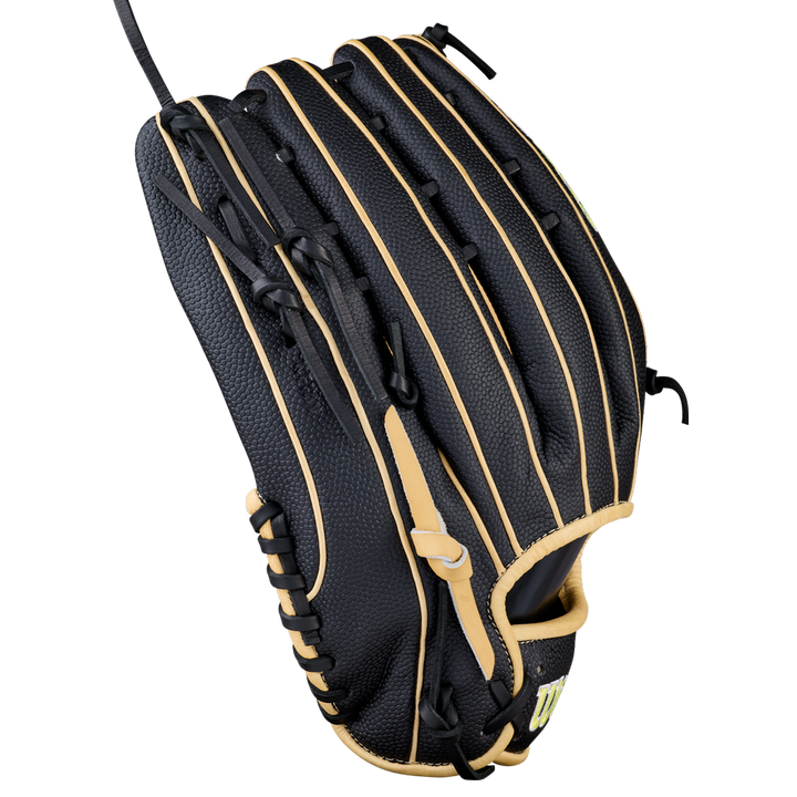 The Wilson A2000 OT7SS 12.75" Baseball Glove (WBW1041831275) by Wilson is shown from the back, featuring black SuperSkin, beige trim, and laces, with the wrist opening visible and fingers closed.