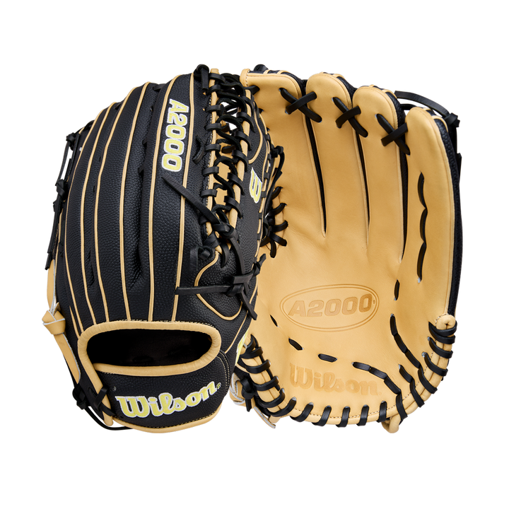 A pair of Wilson A2000 OT7SS 12.75" Baseball Gloves (WBW1041831275) by Wilson, with black and tan leather and black laces, shown front and back on a white background.