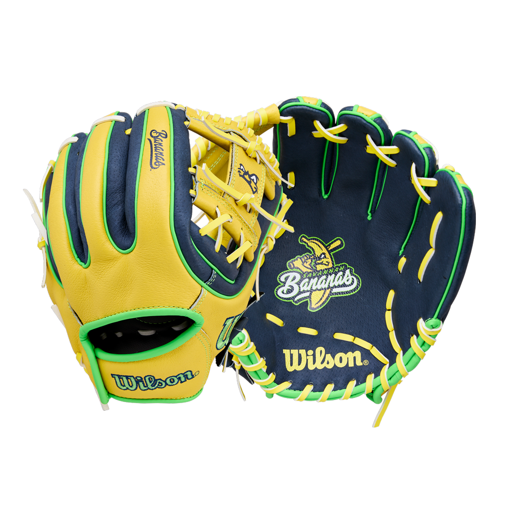 The Wilson A450 Savannah Bananas 11" Youth Baseball Glove (WBW10419211) features yellow and black colors with green accents, the Savannah Bananas team logo, Wilson branding, and a classic H-Web design.