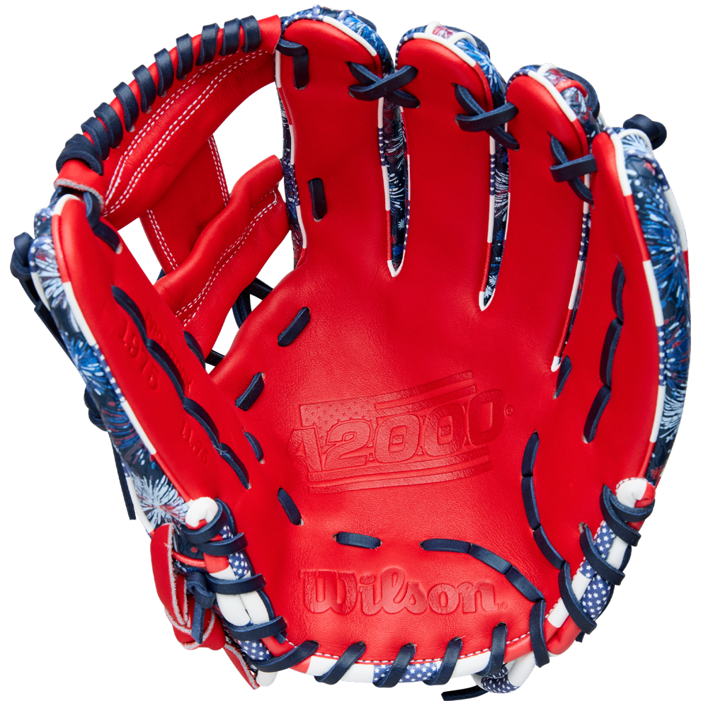 The Wilson A2000 1975SS 11.75" Baseball Glove (GOTM July 2025, WBW1042171175) features a red design with dark blue and white laces, blue and white accents, Pro Stock leather, and the A2000 logo embossed on the palm.