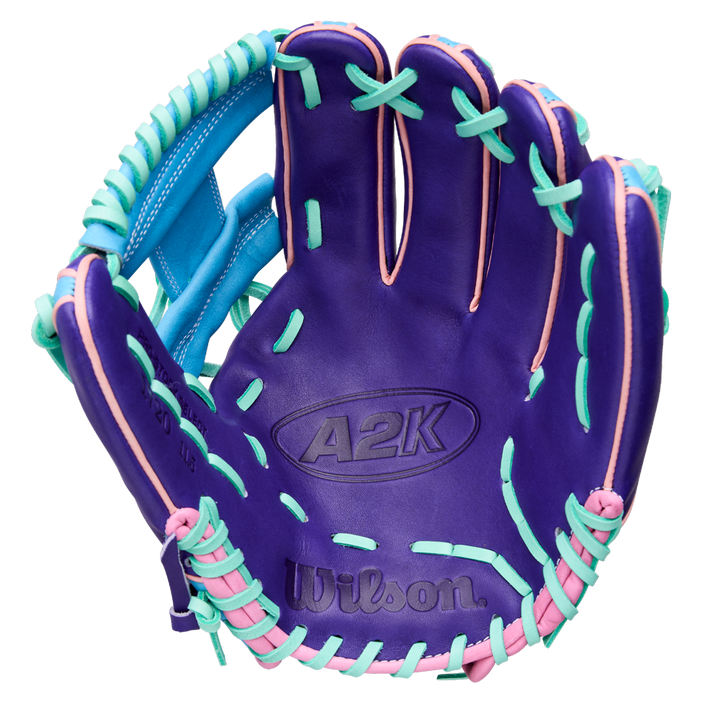 The Wilson A2K 1720 11.5" GOTM October 2025 baseball glove (WBW104220115) features a purple design with light blue and pink lacing, Pro Stock Select leather, and is shown palm forward on a white background.
