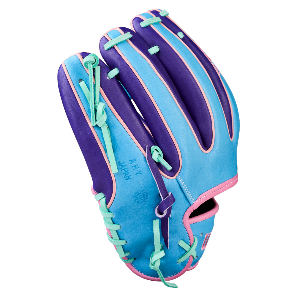 The Wilson A2K 1720 11.5" Baseball Glove - GOTM October 2025 features bright blue, purple, pink, and teal accents. Shown palm-side up on a plain white background with visible finger slots.