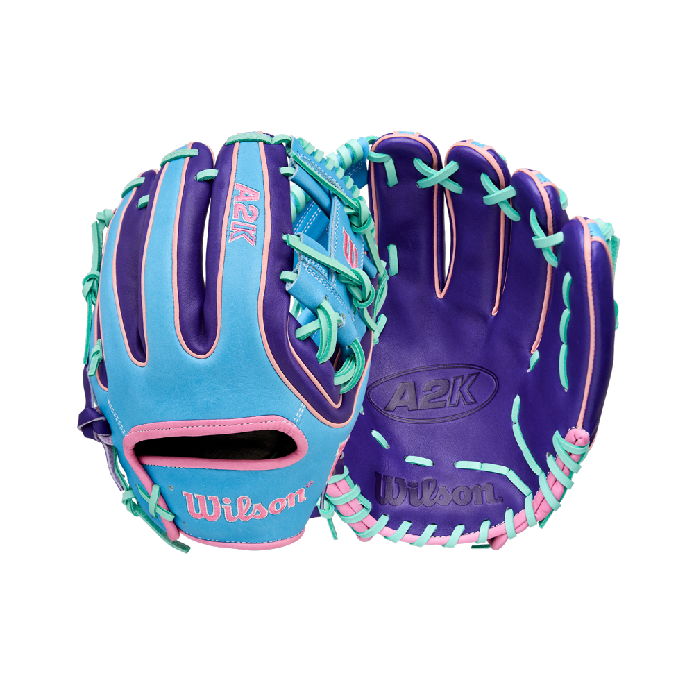 Shown front and back on a white background, the Wilson A2K 1720 11.5" Baseball Glove - GOTM October 2025 (WBW104220115) features purple with light blue, teal, and pink accents, and is crafted from Pro Stock Select leather.