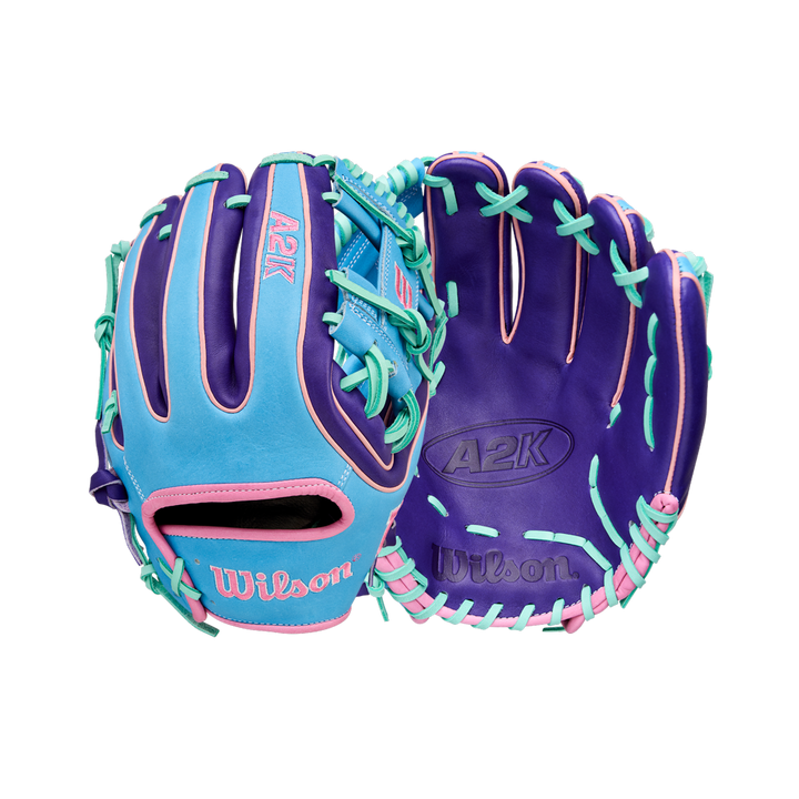 Shown front and back on a white background, the Wilson A2K 1720 11.5" Baseball Glove - GOTM October 2025 (WBW104220115) features purple with light blue, teal, and pink accents, and is crafted from Pro Stock Select leather.