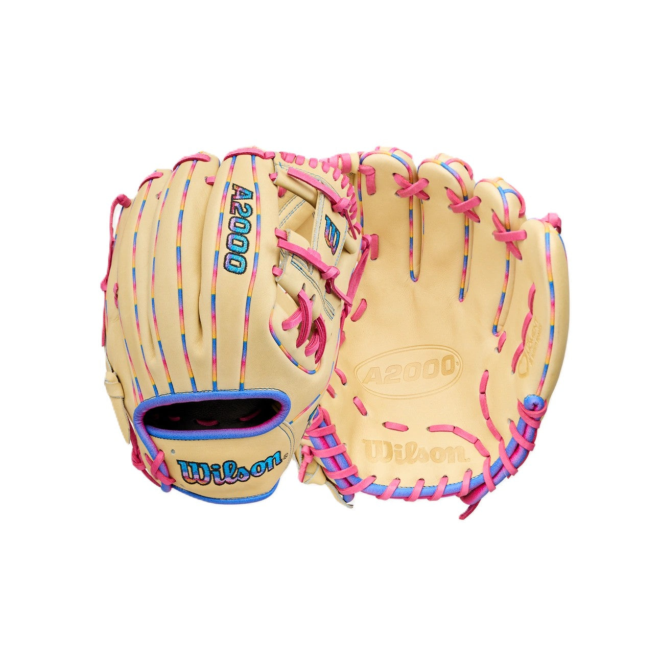 A pair of Wilson Love the Moment A2000 1786 11.5" baseball gloves in light tan Pro Stock Leather with pastel blue, pink, and yellow accents, inspired by Autism Speaks, shown on a white background.
