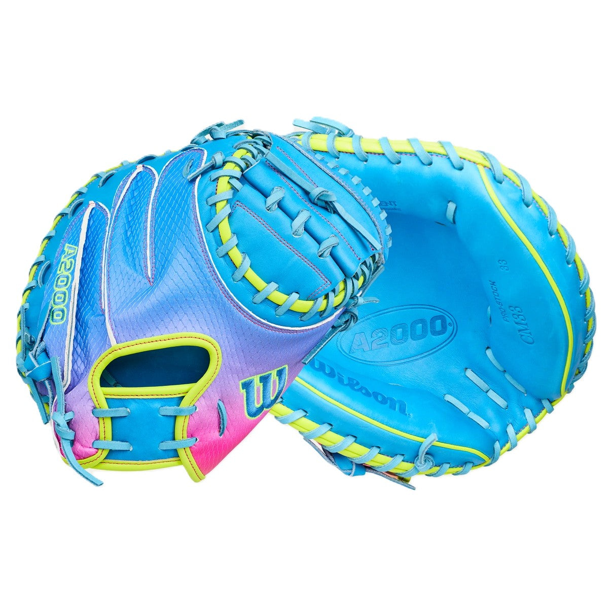 The Wilson Love the Moment A2000 CM33SS 33" Catcher's Mitt (WBW10483533) features Autism Speaks-inspired blue, pink, and yellow tones with contrasting lacing and durable Pro Stock Leather construction.