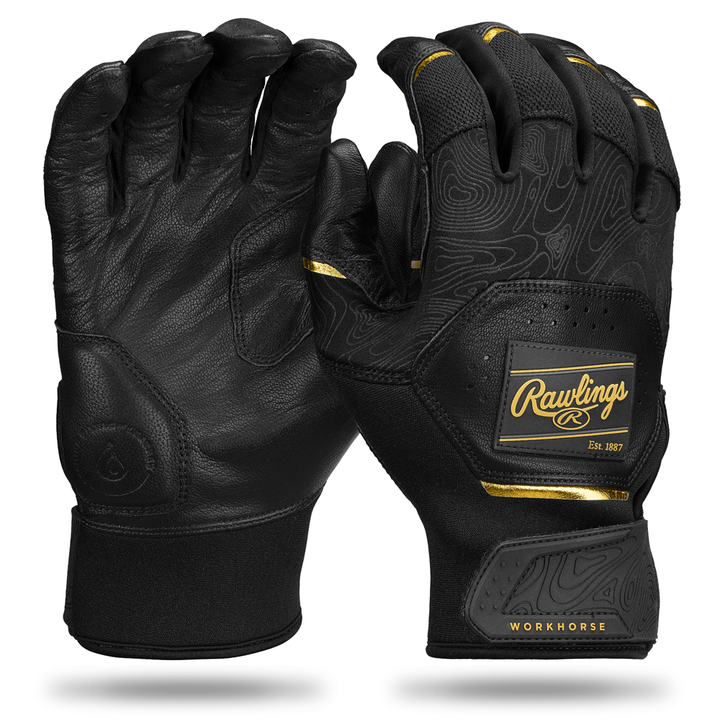 A pair of Rawlings Workhorse Adult Batting Gloves (WH25BG) in black with gold accents, featuring premium Oitac leather, textured grip, reinforced knuckles, and Dynamic Fit System, shown from both palm and back views.