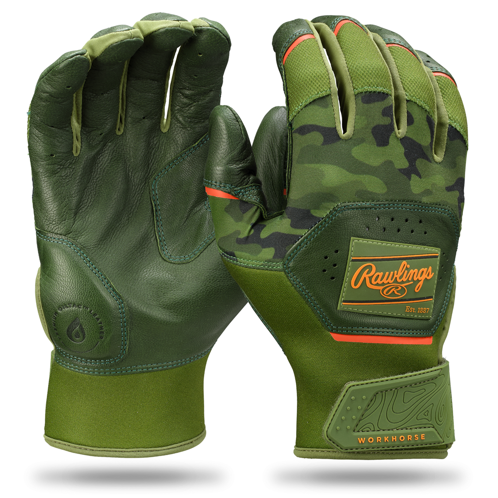 A pair of Rawlings Workhorse Adult Batting Gloves (WH25BG) in green, featuring one glove with a camouflage design and logo, and the other showing a smooth Oitac leather palm for enhanced comfort and grip.