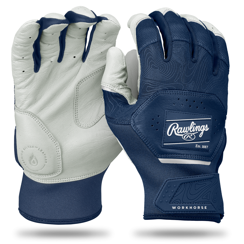 A pair of Rawlings Workhorse Adult Batting Gloves (WH25BG) features a white Oitac leather palm on one glove and a blue textured back with the Rawlings logo and Workhorse label on the other.