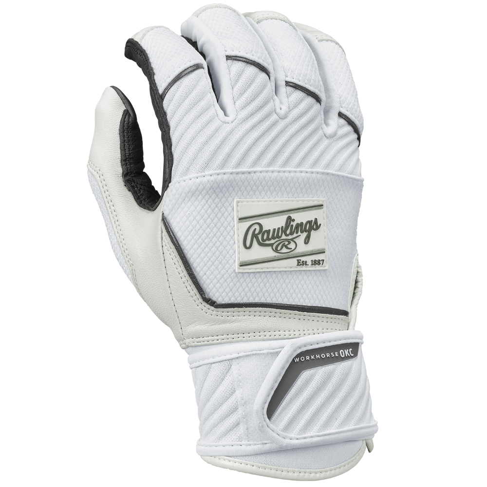 The Rawlings Workhorse OKC Women's Batting Gloves (WHOKCCFPBG) feature a Velcro compression strap, black accents, and the Rawlings logo along with “WORKHORSE 2.0 C” text on the wrist area.