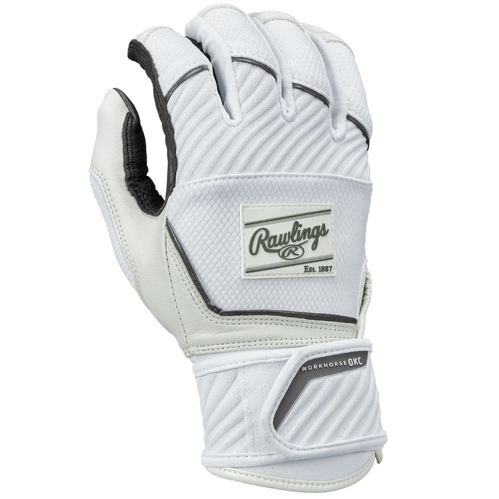 The Rawlings Workhorse OKC Women's Batting Gloves (WHOKCCFPBG) feature a Velcro compression strap, black accents, and the Rawlings logo along with âWORKHORSE 2.0 Câ text on the wrist area.