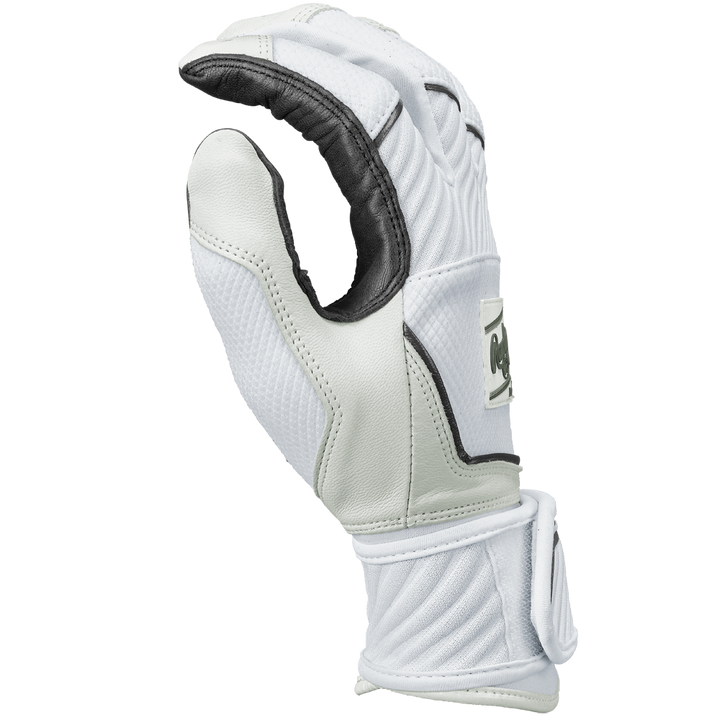 The Rawlings Workhorse OKC Compression Strap Women's Batting Gloves (WHOKCCFPBG) feature a white design with black trim and a secure compression strapâideal for fastpitch use.