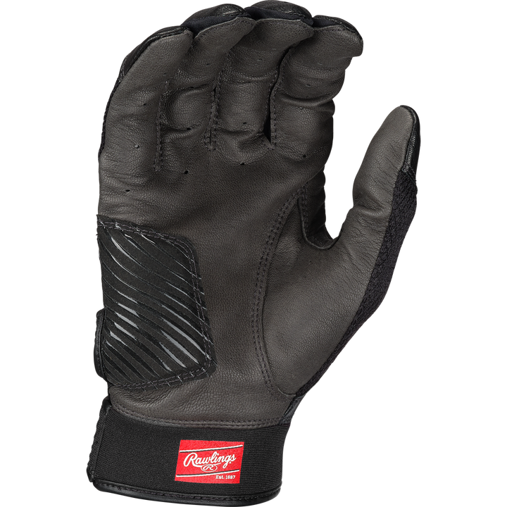 A Rawlings Workhorse OKC Women’s Batting Glove (WHOKCFPBG) in black features an Oiltac leather palm, reinforced palm, Velcro wrist strap, and red Rawlings logo patch. Glove shown palm forward with curved fingers.