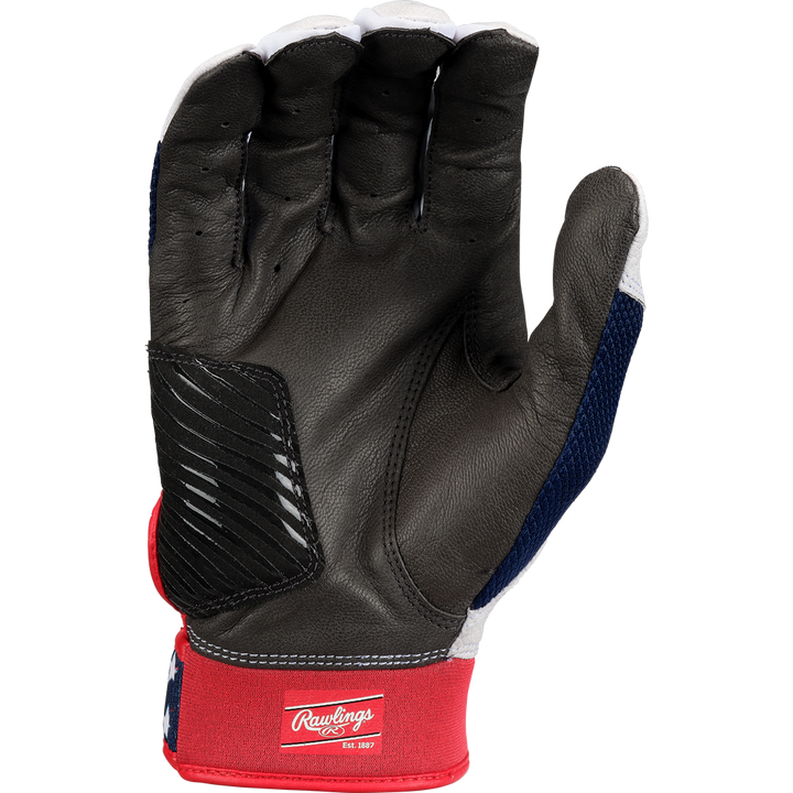 A Rawlings Workhorse OKC Women's Batting Glove (WHOKCFPBG) in black with red, white, and blue accents and an Oiltac leather palm is displayed palm-up on a plain white background.