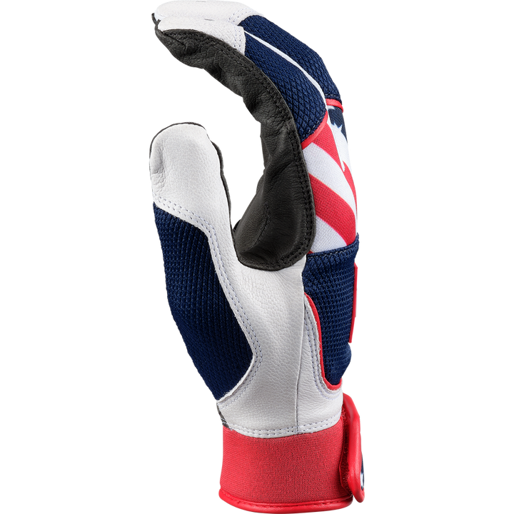 A close-up of Rawlings Workhorse OKC Women's Batting Gloves (WHOKCFPBG) in red, white, and blue with an Oiltac leather palm and red wrist strap, displayed against a plain white background.