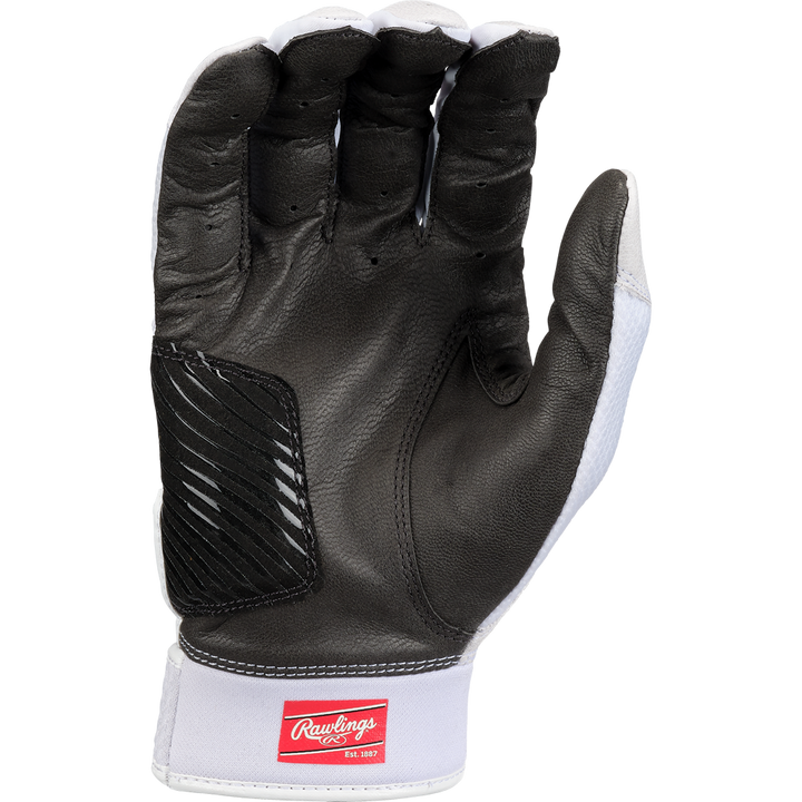 A black and white Rawlings Workhorse OKC Women's Batting Glove (WHOKCFPBG) is shown palm-up, with a red Rawlings logo patch on the wrist strap and an Oiltac Leather Palm for enhanced grip.