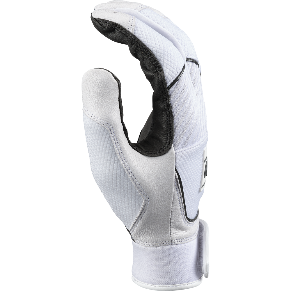 A Rawlings Workhorse OKC Women's Batting Glove (WHOKCFPBG) in black and white is shown upright with the palm partially facing out, fingers slightly bent, and a Velcro wrist strap, set against a plain white background.