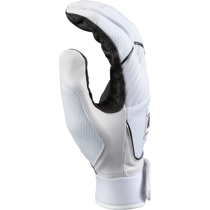 A Rawlings Workhorse OKC Women's Batting Glove (WHOKCFPBG) in black and white is shown upright with the palm partially facing out, fingers slightly bent, and a Velcro wrist strap, set against a plain white background.