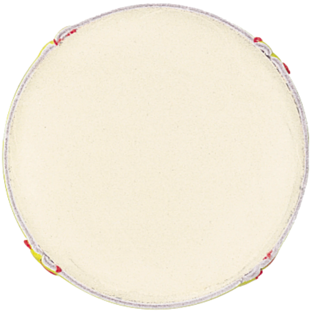 A round, handheld tambourine features a plain light drumhead, metal jingles, colored rim accents, and a design inspired by the Wilson NFHS Polycore 12" 47/375 Leather Fastpitch Softball by Wilson.