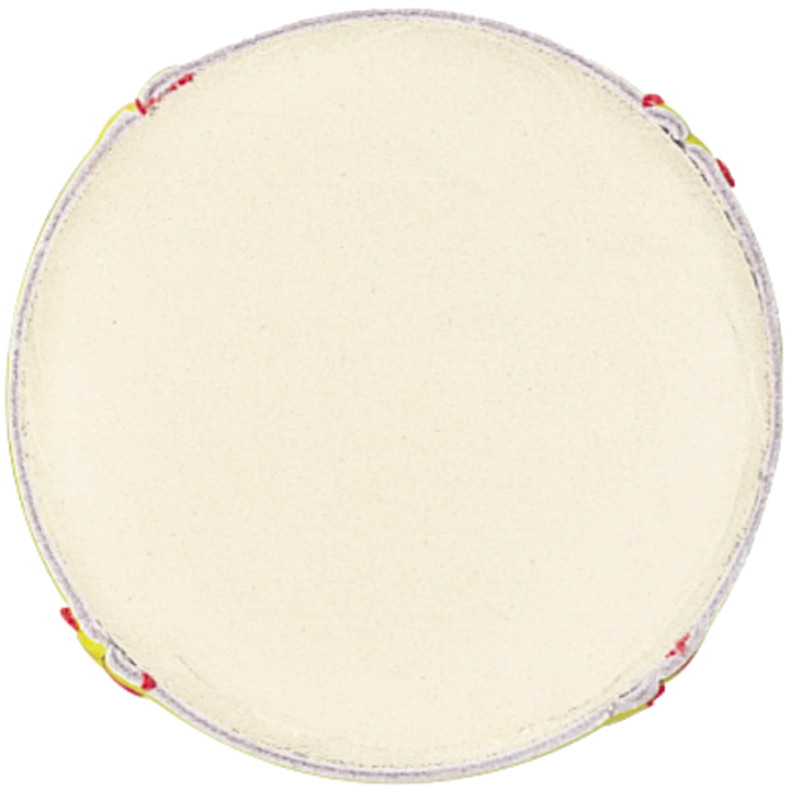 A round, handheld tambourine features a plain light drumhead, metal jingles, colored rim accents, and a design inspired by the Wilson NFHS Polycore 12" 47/375 Leather Fastpitch Softball by Wilson.