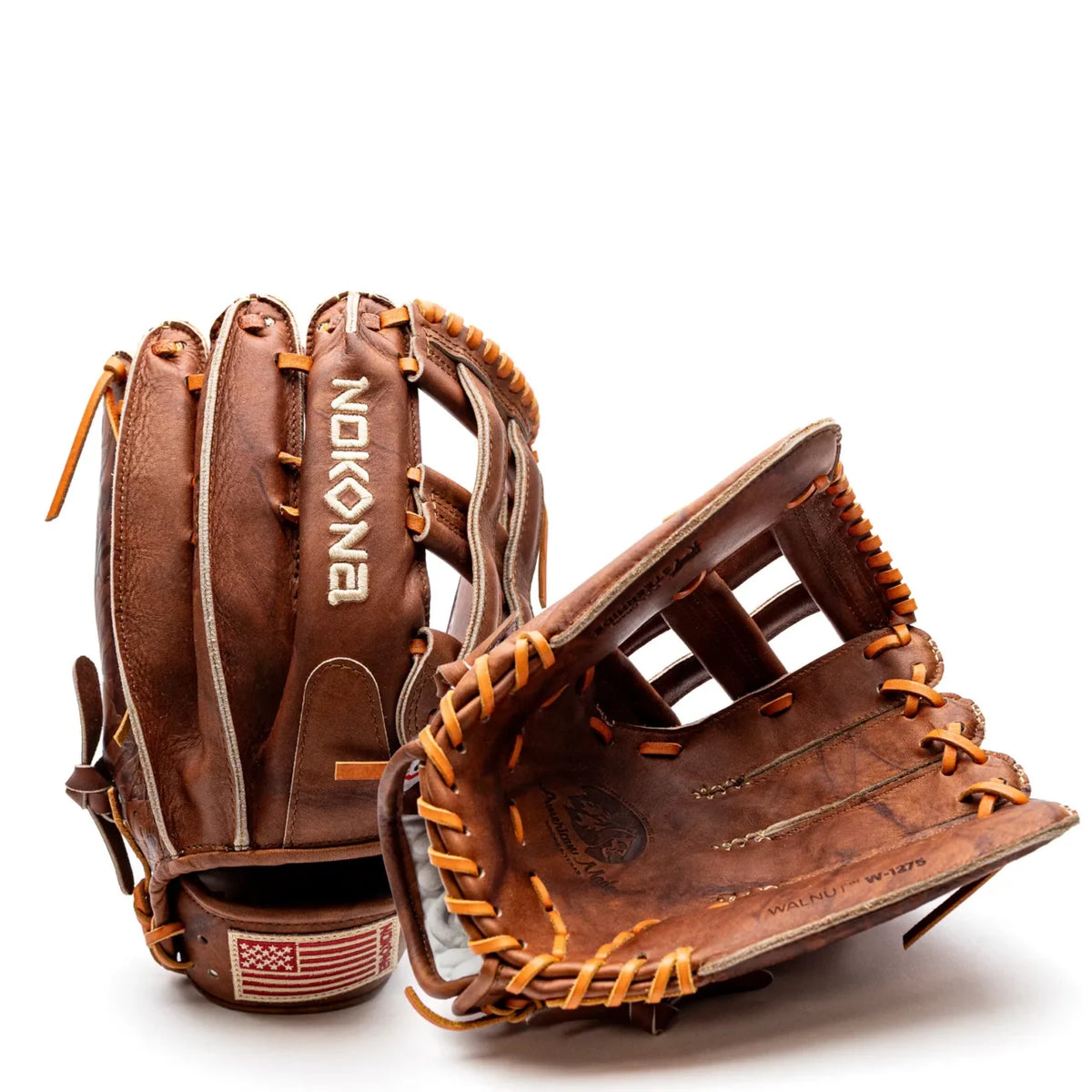Two handcrafted Nokona Walnut EP 12.75″ Baseball Glove: W-EP1275 leather baseball gloves with tan laces, one shown from the back and one from the palm side, featuring an American flag patch on the wrist strap.