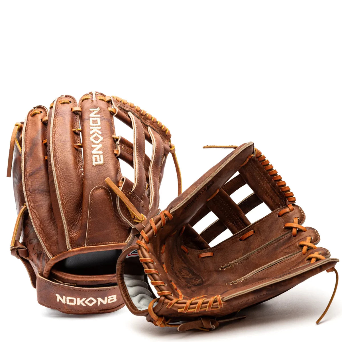 Two Nokona Walnut EP 13″ Fastpitch Glove: W-EP-V1300H softball gloves displayed from different angles.