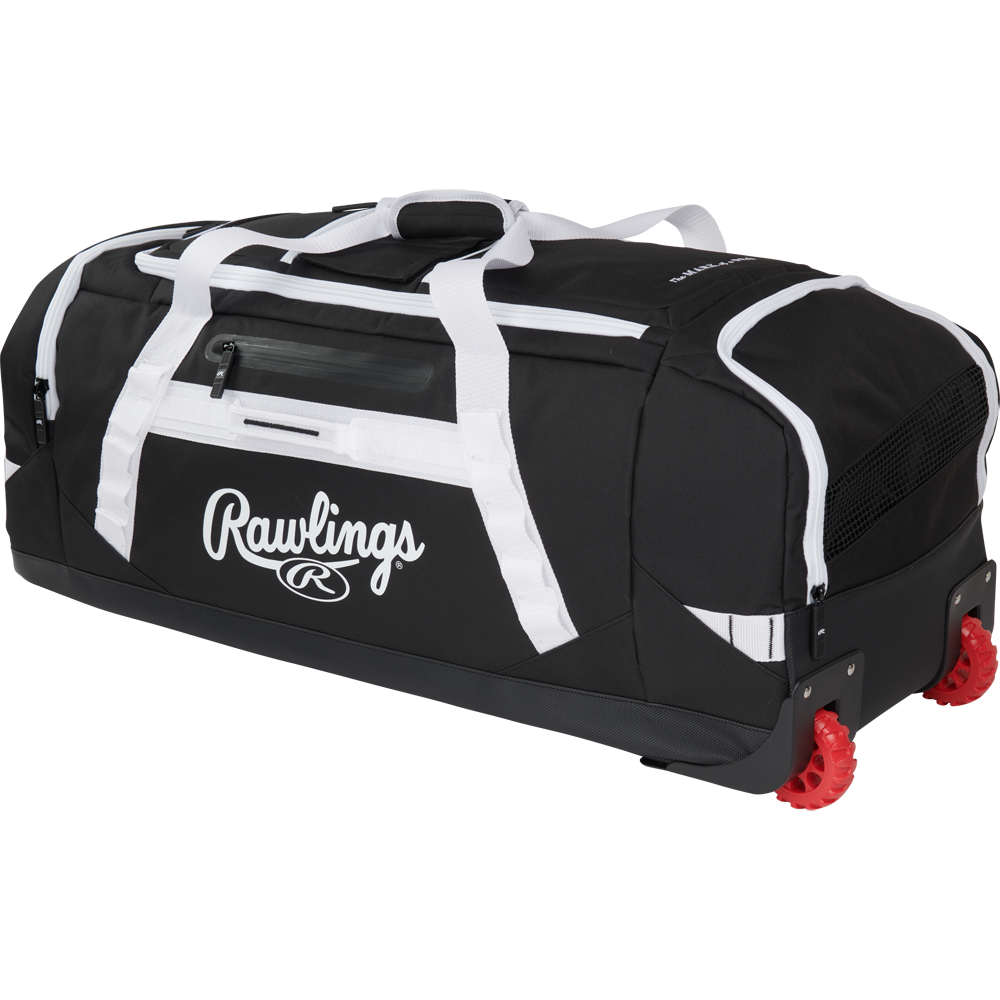 The Rawlings Yadi 2 Wheeled Catcher's Bag (YADI2WHBG) is a large black and white equipment bag with a top handle, side pockets, and red gear-style wheels, perfect for easily transporting athletic gear.